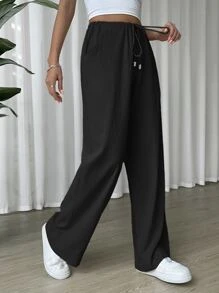 SHEIN EZwear Linen Drawstring Waist Slant Pocket Wide Leg Pants - Black - View 6
