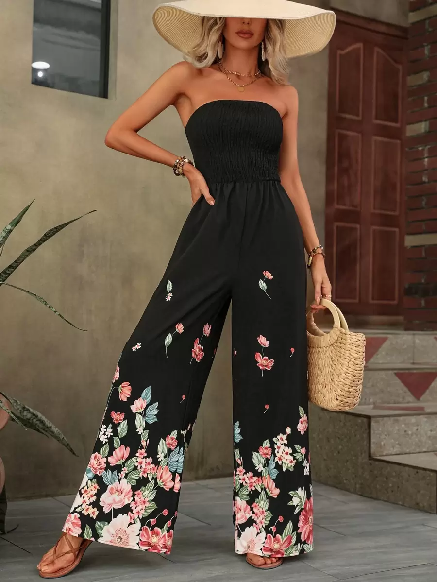 Breezaya Floral Print Tube Wide Leg Trousers - Black - View 1