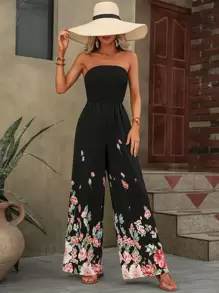 Breezaya Floral Print Tube Wide Leg Trousers - Black - View 5