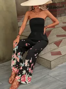 Breezaya Floral Print Tube Wide Leg Trousers - Black - View 6