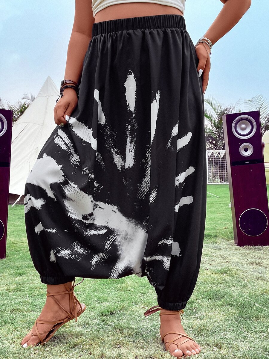 SHEIN Holidaya Pantalones de entrepierna caída de tie dye - Negro - Ver 1