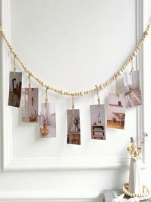 1pc Hanging Photo Frame With Clip, Boho Wood Bead Decor Hanging Frame Clip For Home Decoration - Khaki - View 1