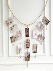 1pc Hanging Photo Frame With Clip, Boho Wood Bead Decor Hanging Frame Clip For Home Decoration - Khaki - View 3