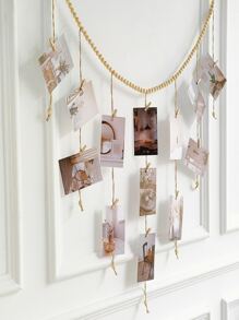 1pc Hanging Photo Frame With Clip, Boho Wood Bead Decor Hanging Frame Clip For Home Decoration - Khaki - View 4