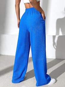 SHEIN EZwear 素色斜口袋闊腿褲 - 寶藍色 - 查看 2
