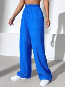 SHEIN EZwear 素色斜口袋闊腿褲 - 寶藍色 - 查看 4