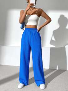 SHEIN EZwear 素色斜口袋闊腿褲 - 寶藍色 - 查看 5