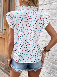 SHEIN VCAY Polka Dot Print Ruffle Trim Blouse - White - View 2