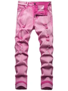 Hombres Jeans desgarro crudo delgado - Rosa - Ver 1