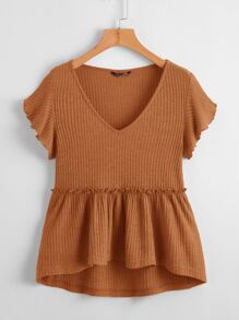 SHEIN LUNE Butterfly Sleeve Waffle Knit Peplum Top - Brown - View 1