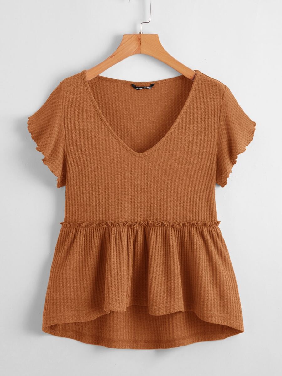 SHEIN LUNE Butterfly Sleeve Waffle Knit Peplum Top - Brown - View 1