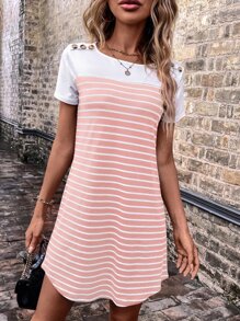 SHEIN LUNE 條紋印花紐扣細節T恤連衣裙 - 彩色 - 查看 5