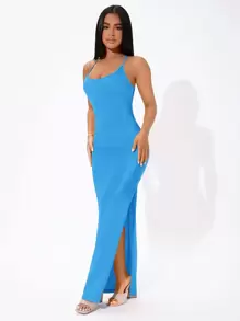 SHEIN PETITE Solid Split Thigh Cami Dress - Blue - View 1