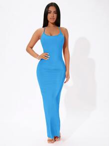 SHEIN PETITE Solid Split Thigh Cami Dress - Blue - View 5