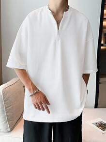 Manfinity Hypemode Loose Fit Men's Half Zip Drop Shoulder T-Shirt - White - View 1