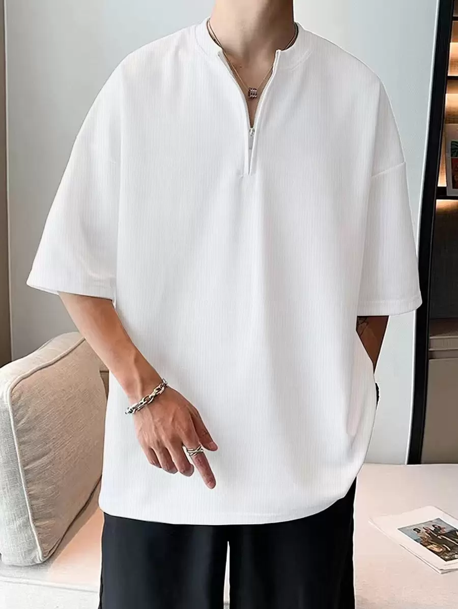 Manfinity Hypemode Loose Fit Men's Half Zip Drop Shoulder T-Shirt - White - View 1