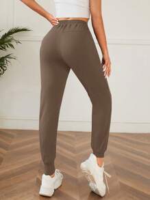 SHEIN PETITE 素色腰部抽繩斜口袋衛褲 - 摩卡棕 - 查看 2