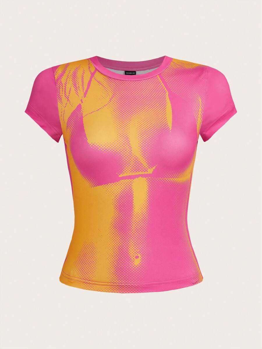 SHEIN ICON 身體熱成像印花T恤 - 粉色 - 查看 1