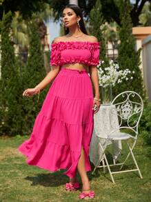 Glamaker 一字肩褶邊上衣和高衩荷葉邊半身裙 - 粉色 - 查看 1