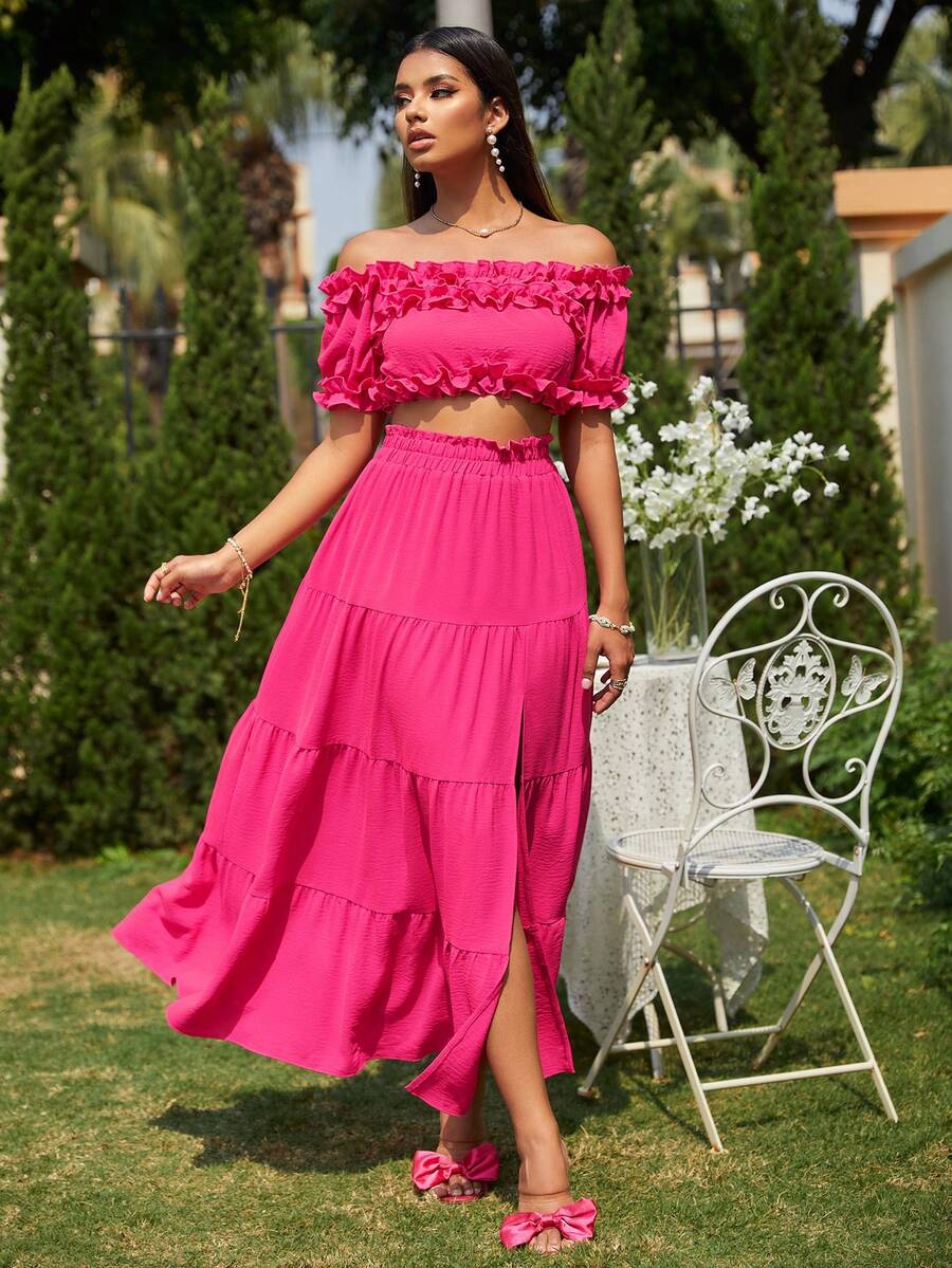 Glamaker 一字肩褶邊上衣和高衩荷葉邊半身裙 - 粉色 - 查看 1