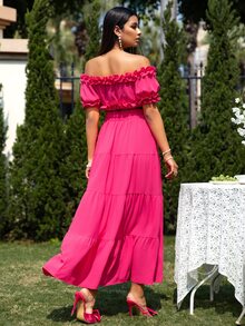 Glamaker 一字肩褶邊上衣和高衩荷葉邊半身裙 - 粉色 - 查看 2