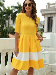 撞色褶皺細節連衣裙 - 黃色 - 查看 4