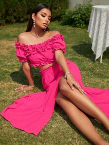 Glamaker 一字肩褶邊上衣和高衩荷葉邊半身裙 - 粉色 - 查看 4