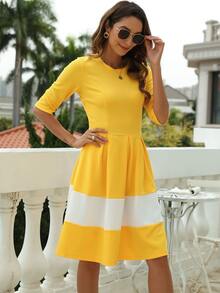 撞色褶皺細節連衣裙 - 黃色 - 查看 6