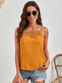 SHEIN LUNE Áo khoác và áo lót dành cho xe tăng nữ Tương phản ren màu trơn Giải trí - Màu Mù tạt vàng - Xem 4