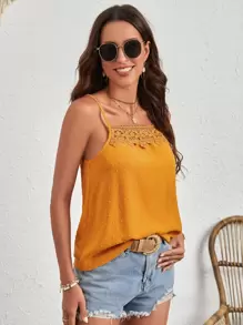 SHEIN LUNE Áo khoác và áo lót dành cho xe tăng nữ Tương phản ren màu trơn Giải trí - Màu Mù tạt vàng - Xem 5