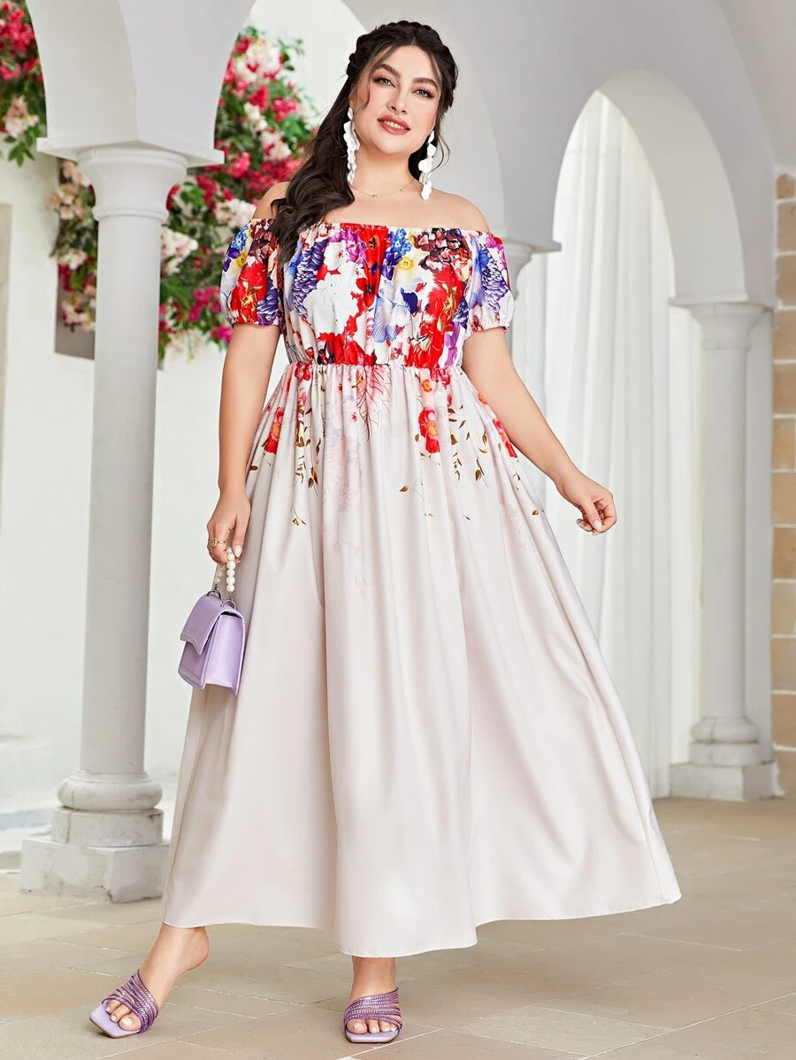 Modelyn Plus Floral Print Off Shoulder Dress - Multicolor - View 1