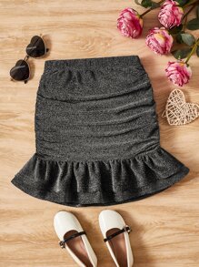 SHEIN 女孩褶邊荷葉邊金屬亮絲半身裙