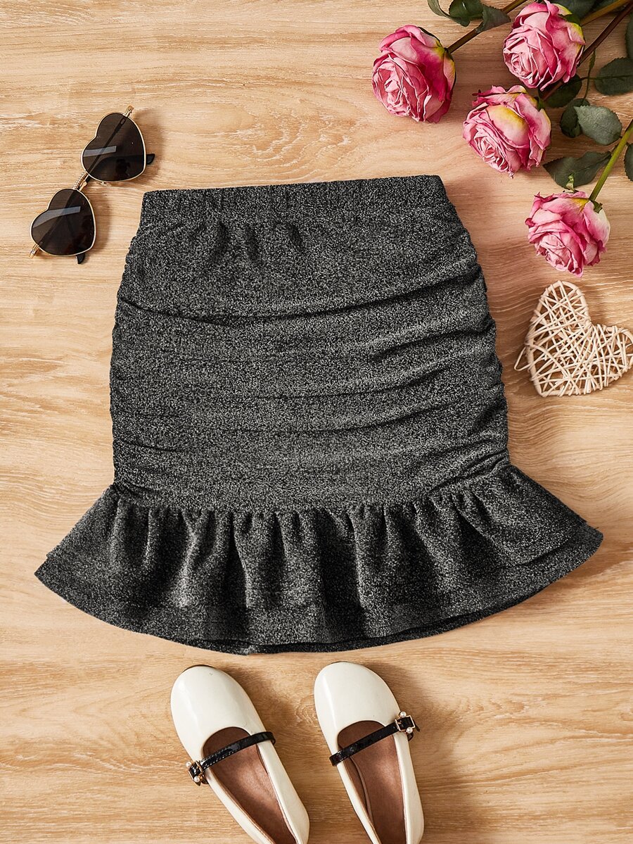 SHEIN 女孩褶邊荷葉邊金屬亮絲半身裙