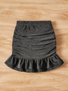 SHEIN 女孩褶邊荷葉邊金屬亮絲半身裙