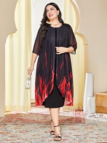 Mulvari Plus Fire Print Asymmetrical Hem Dress - Black - View 1