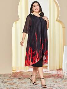 Mulvari Plus Fire Print Asymmetrical Hem Dress - Black - View 3