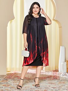 Mulvari Plus Fire Print Asymmetrical Hem Dress - Black - View 6