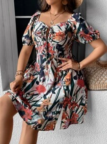 Breezaya Plus Floral Print Knot Front Puff Sleeve Dress