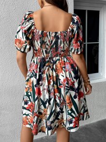 Breezaya Plus Floral Print Knot Front Puff Sleeve Dress