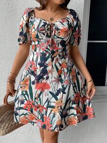 Breezaya Plus Floral Print Knot Front Puff Sleeve Dress