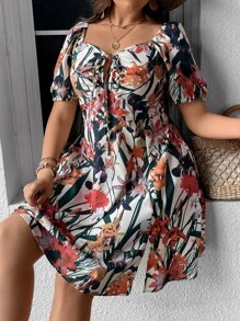 Breezaya Plus Floral Print Knot Front Puff Sleeve Dress