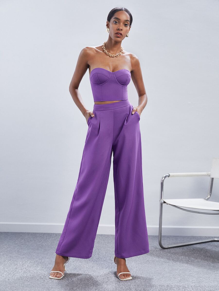 Maija Solid Tube Top & Wide Leg Trousers - Purple - View 1