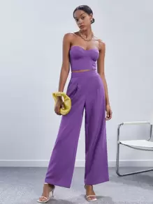 Maija Solid Tube Top & Wide Leg Trousers - Purple - View 8
