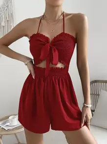 Soleia 褶邊前繫帶繞頸連體短褲 - 紅色 - 查看 5