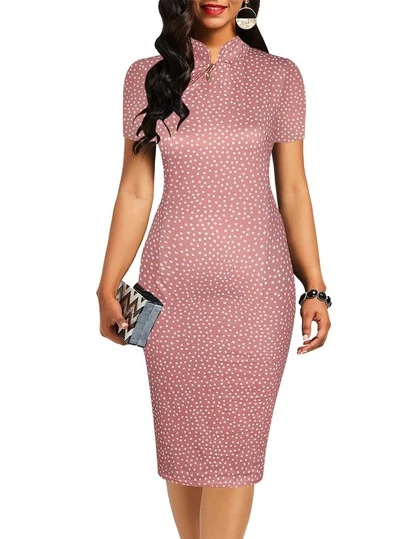Allover Print Quarter Zip Bodycon Cheongsam Qipao Dress