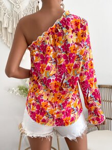 SHEIN VCAY Áo sơ mi nữ Xù viền lá sen Hoa Tất cả trên in Giải trí - trắng - Xem 2