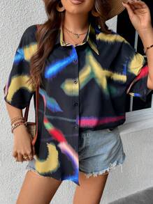 SHEIN Coolane Plus Brush Print Drop Shoulder Shirt - Multicolor - View 5