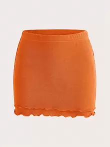 SHEIN ICON Drawstring Front Halter Top & Lettuce Trim Skirt - Orange - View 4