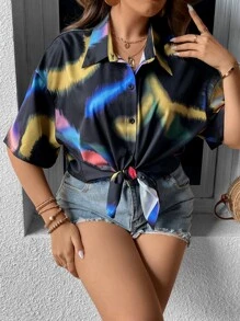 SHEIN Coolane Plus Brush Print Drop Shoulder Shirt - Multicolor - View 6