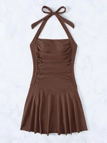 褶邊吊脖連體泳衣 - 棕色 - 查看 3